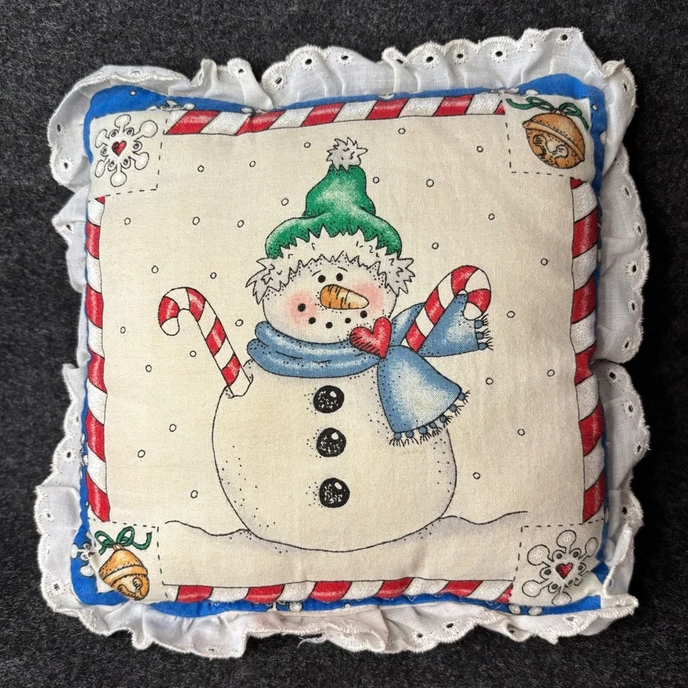 Small Holiday Snowman Pillow with Red, Blue and Green Accents